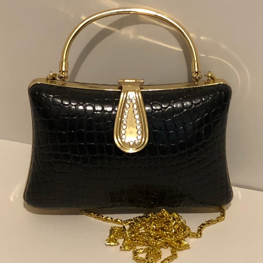 -Vintage Black & Gold Boxed Clutch with cla…